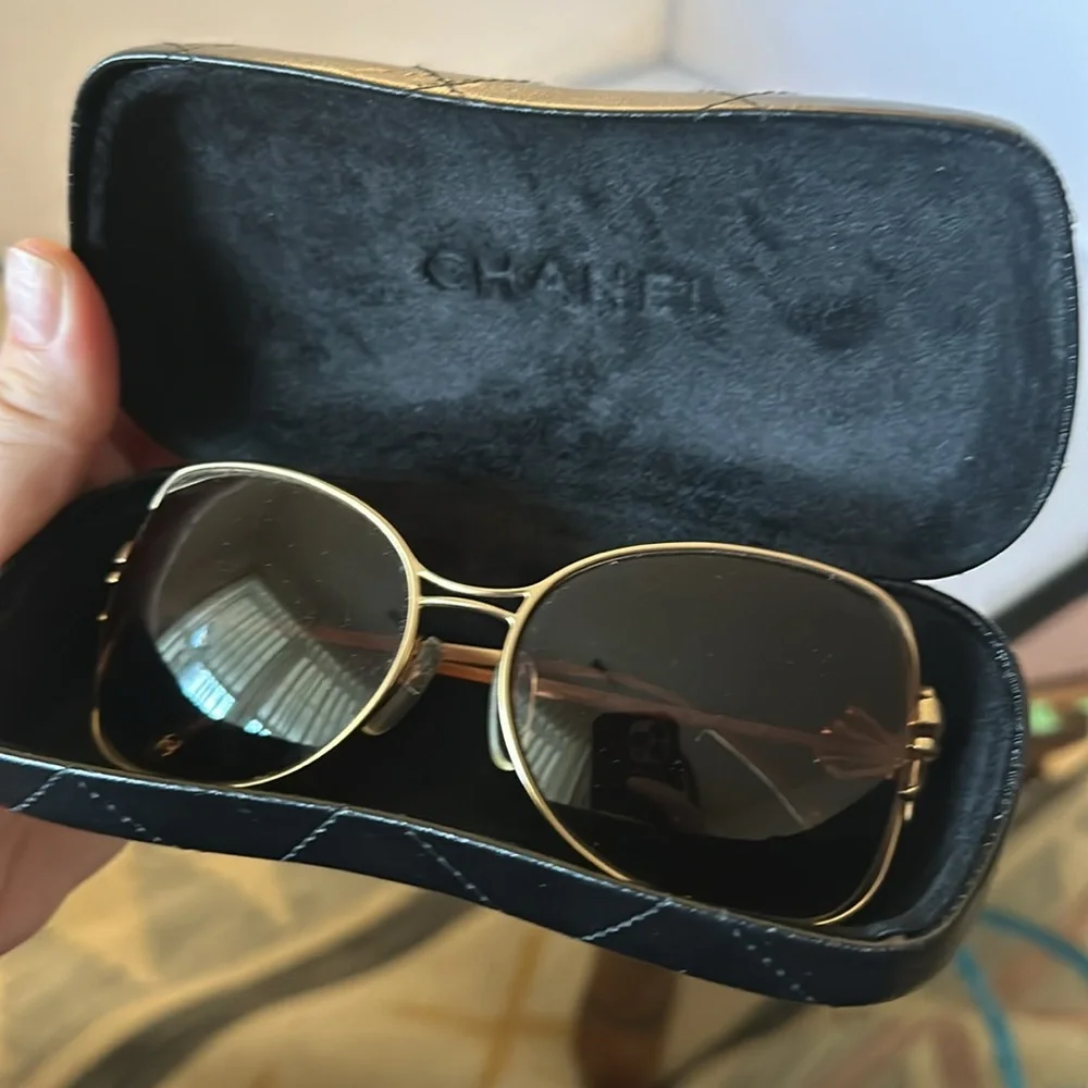 CHANEL Gold Frame Brown Lens Sunglasses with Black Case